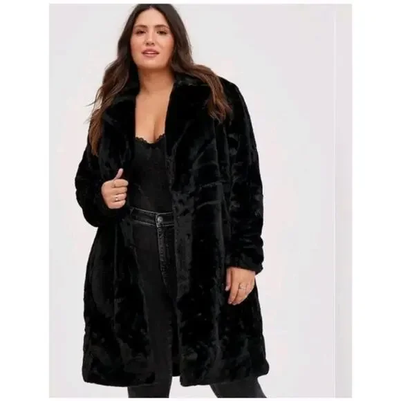 Torrid Faux Fur Midi Coat Plush Cozy Jacket Plus Size 3X Black Party Mob Wife - Picture 6 of 8